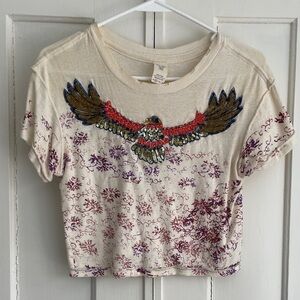 Free People We The Free Tee XS T-shirt Boho Cream Crop Top with Embroidered Bird